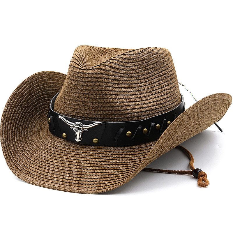 Kulit Band Mens Cowboy Topi Jerami